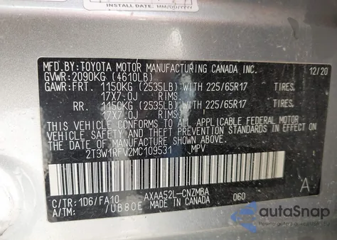 2021 Toyota Rav4 Xle from USA, damaged, VIN 2T3W1RFV2MC109531